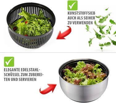 GEFU Салатоотжим - 5 л, вбудований виливник, кнопка стоп, неслизький, придатний для миття в посудомийній машині (4,5 л, кришка, нержавіюча сталь + кришка для зберігання)