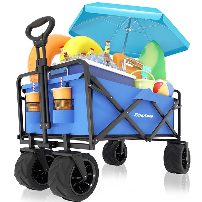 Візок-садок EchoSmile Bollerwagen 200л, 160кг, синій - складаний, з регульованою ручкою та бічними кишенями, для пляжу, саду, покупок