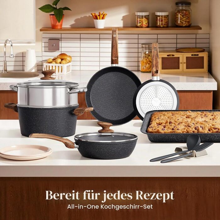 Набір посуду Kitchen Academy (17 предметів): каструлі та сковорідки з гранітним антипригарним покриттям для індукційних плит, чорний