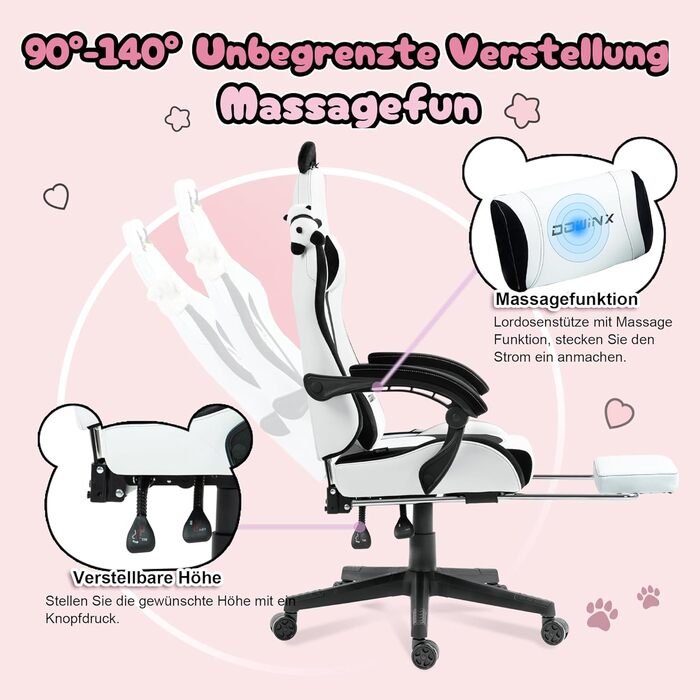 Ігровий крісло Dowinx Panda Edition - ергономічне комп'ютерне крісло з підставкою для спини та ніг, PU-шкіра, чорно-біле