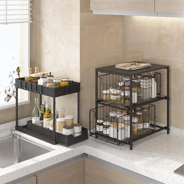 Meltrck Spice Rack and Kitchen Organizer, 2-Tier Pull-Out Kitchen Organizer, Metal and Wood Composite for Kitchen, Countertop, Pantry, and Dining Room (Black)