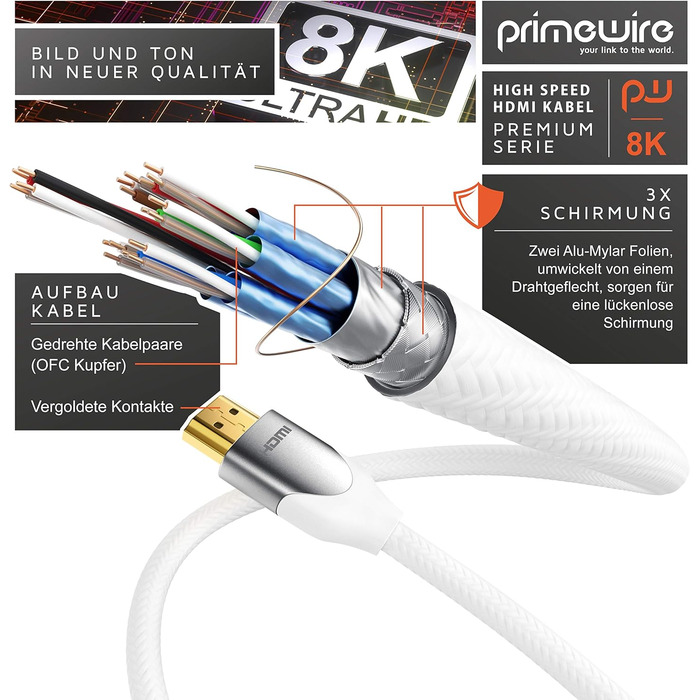 HDMI кабель 2.1 8K (3,0м) - білий, підтримка 8K@60Hz, 4K@120Hz, HDR, ARC, PS4, PS5, Xbox, Blu-Ray
