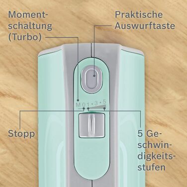Ручний міксер Bosch MFQ40302 Mint Turquoise/Silber: 500W, 5 швидкостей + Turbo, 2 вінчики, 2 гаки для тіста, нержавіюча сталь, миється в посудомийній машині