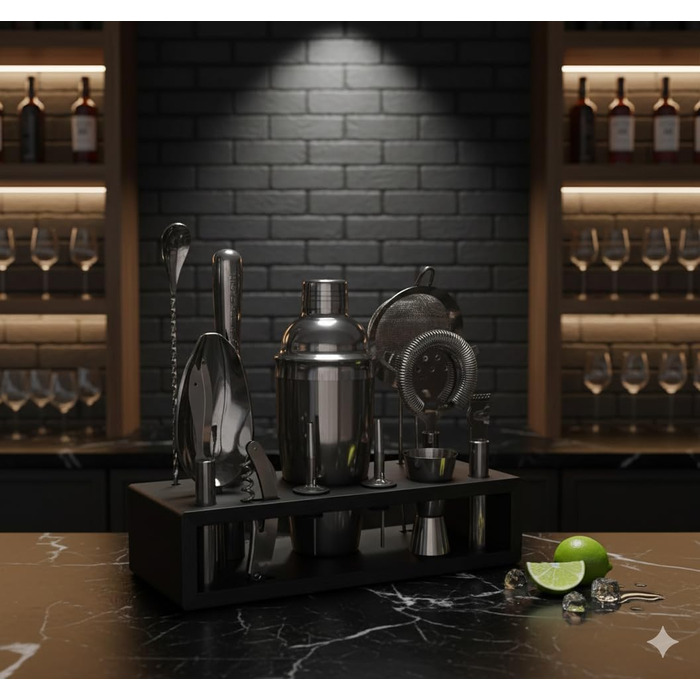 Набір бармена Highball & Chaser 13 предметів: шейкер для коктейлів, чорний полірований нержавіючий сталь, для домашнього бару, з лазерним гравіюванням, плюс E-Book з 30 рецептами коктейлів, колір Gunmetal