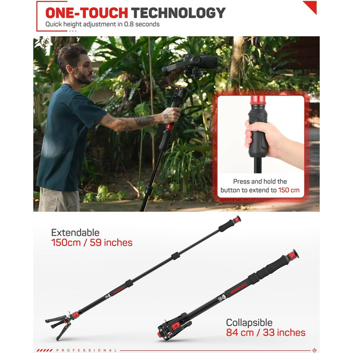 Монопод IFOOTAGE 3-в-1 з алюмінію: монопод, штатив, телескопічний стійка для фото та відео, 180 см, сумісний з DSLR та відеокамерами