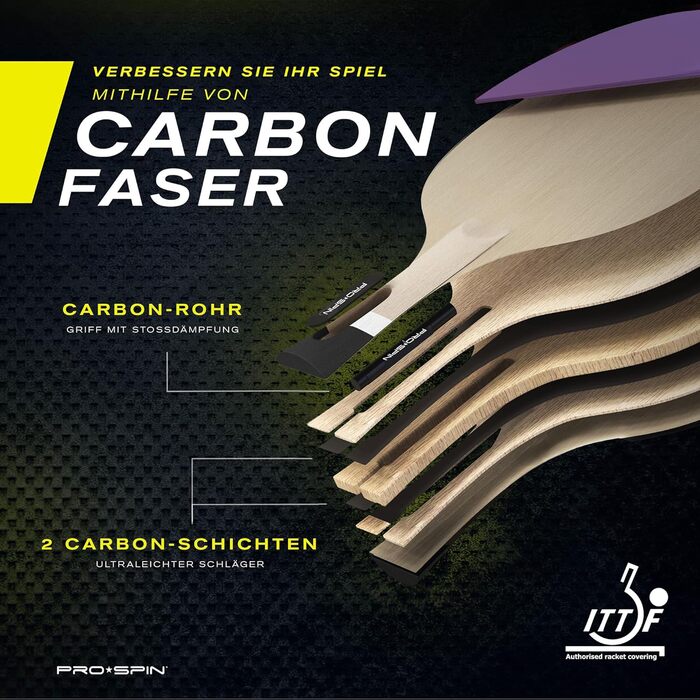 Тенісний стіл PRO SPIN - Carbon Profischläger, преміум якість, чудова точність, гума Spin, товщина губки 2.0 мм, захисний чохол, фіолетовий (1 шт.)