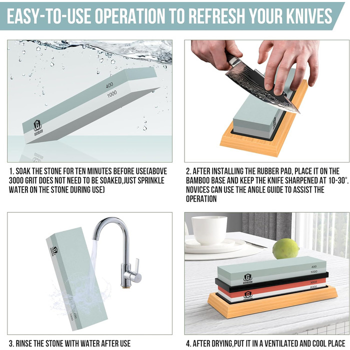 Набір для заточування ножів Goodjob Premium: японський точильний камінь, 400/1000 та 3000/8000 грит, провідник кута, захисні рукавички, провідник для заточування
