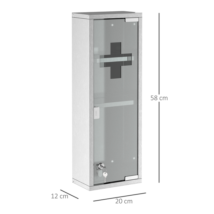 Kleankin Medicine Cabinet First-Aid Cabinet 20x12x58cm Stainless Steel with Frosted Glass in Silver, ideal for Home & Office
