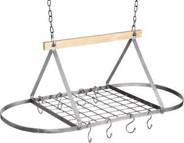 Кухонна підвісна полиця KitchenCraft для каструль, сковорідок і кухонного приладдя, 8 гачків, метал і дерево, 42x18 см, сіра