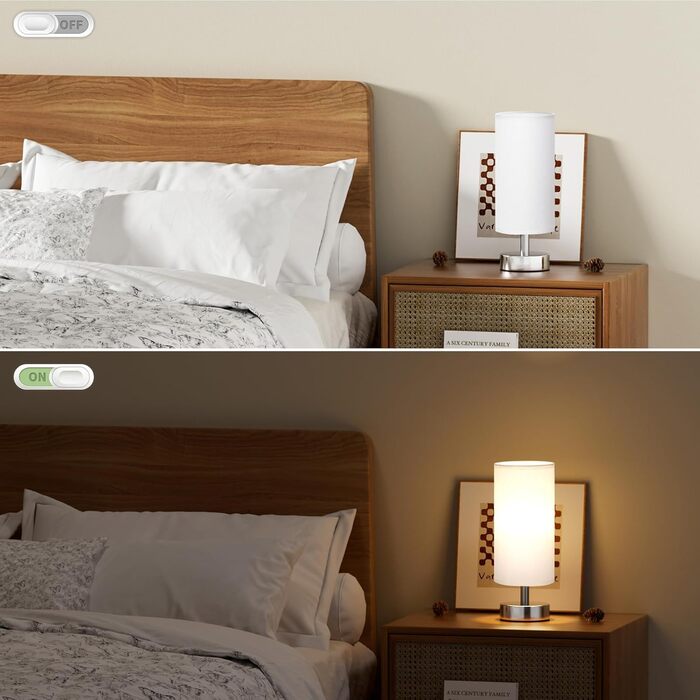 Нічна лампа Kakanuo з 3 колірними температурами, біла торшер з вимикачем, льняний абажур, маленька лампа для вітальні, спальні, офісу, дитячої кімнати (LED лампа в комплекті), біло-чорний колір (білий+срібний)