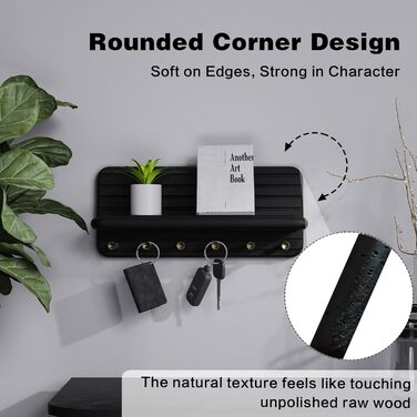 Дерев'яне ключниця з полицею та 6 гачками, ключниця на стіну для прихожей, кухні (чорний)