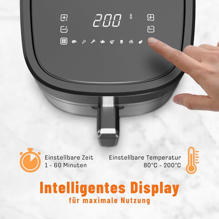 Фритюрниця Noaton з гарячим повітрям 6,2 л, цифровий Air Fryer, 8 програм, 1600 Вт, без олії, регулювання температури 80-200°C, з кулінарною книгою та кухонними щипцями, компактна