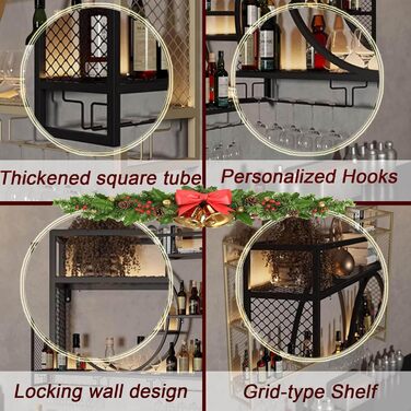 Настінна вітрина для вина, сучасна кругла підставка для зберігання, велика місткість, декоративна, для кухні, вітальні, бару (золота, 119.8 * 15 * 79.7 см)