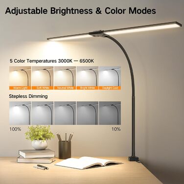 OUTON LED лампа настільна з двома головками, 85.5 см, USB-A & C, регульована яскравість 1600LM, 5 температур кольору, таймер, кріплення, для офісу та дому, чорний
