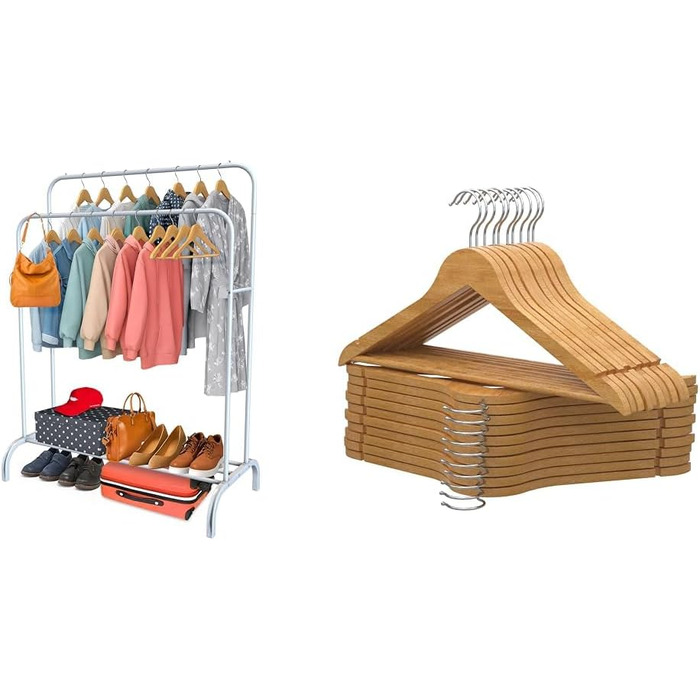 Підвісна штанга PORTENTUM для одягу зі сталі – до 35 кг, з подвійною перекладиною та полицею для взуття – стабільна, з антиковзними ніжками – захисні кінцеві ковпачки – швидкий монтаж. Без вішалок (Білий, з 20 дерев'яними вішалками)