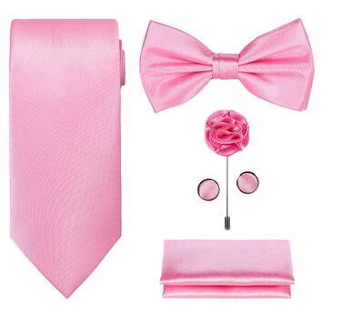 Набір краваток Tie G U Style (5 шт.) у подарунковій коробці: однотонні краватки, сатинова метелик, кишеньковий хустинка, реверс, краваткові застібки (рожевий)