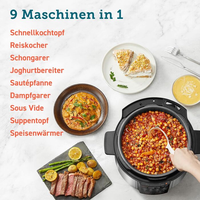 COSORI Pressure Cooker, 9-in-1, Multi-Cooker with 14 Functions, 5.7L Pressure Cooker, Rice Cooker, Steamer, Yogurt Maker, Slow Cooker, and Sous Vide, Saute Pan, Recipe Book, Stainless Steel