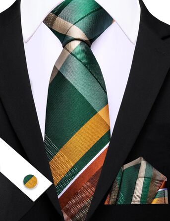 Краватка Barry.Wang в клітинку з набором для краватки (хустинка, краватка, запонки) – зелено-жовта