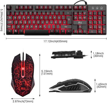 Rii Комплект клавіатури та миші для геймінгу та офісу, RGB підсвічування, сумісний з ПК (DE-розкладка, чорний)