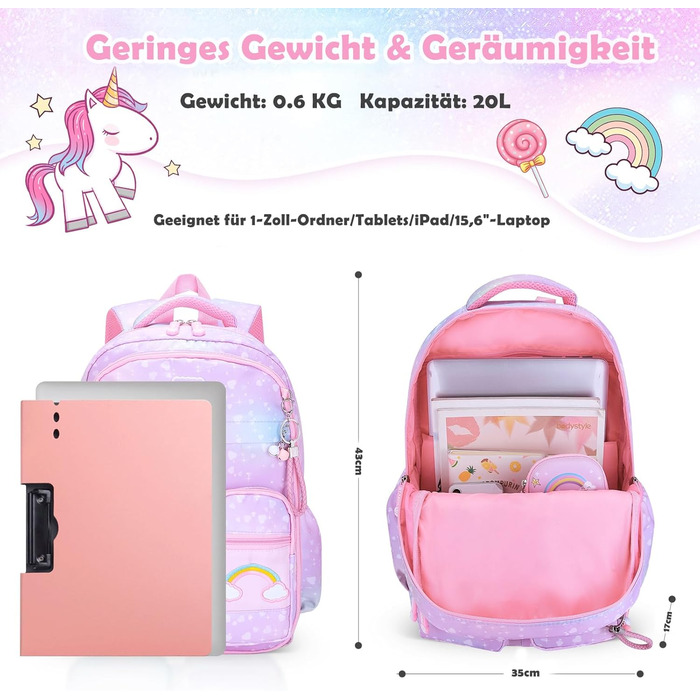 Рюкзак для дівчинки Schulrucksack фіолетовий, 43x35x17 см, велика місткість, з нагрудним ременем, для школи, 5-10 років