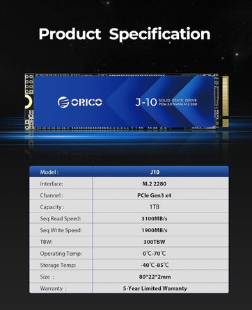 SSD Orico 1TB NVMe M.2 PCIe Gen3.0x4 - 3100 MB/s з кулером для ПК та відеомонтажу (J10)
