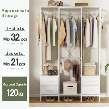 Відкрита шафа для одягу з вішалкою та 4 шухлядами, біла. Підходить для спальні, вітальні, передпокою. Стабільна та міцна.