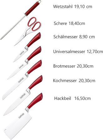 Професійний набір ножів з 8 предметів у бруску: якісні самозаточувані кухонні ножі з нержавіючої сталі, червоний колір