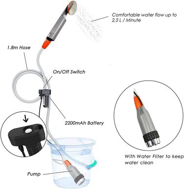 Портативна душова кабіна для кемпінгу Zooma з насосом, для відпочинку на природі та в саду, душ на вулиці, акумуляторна, оранжева (2 батареї)