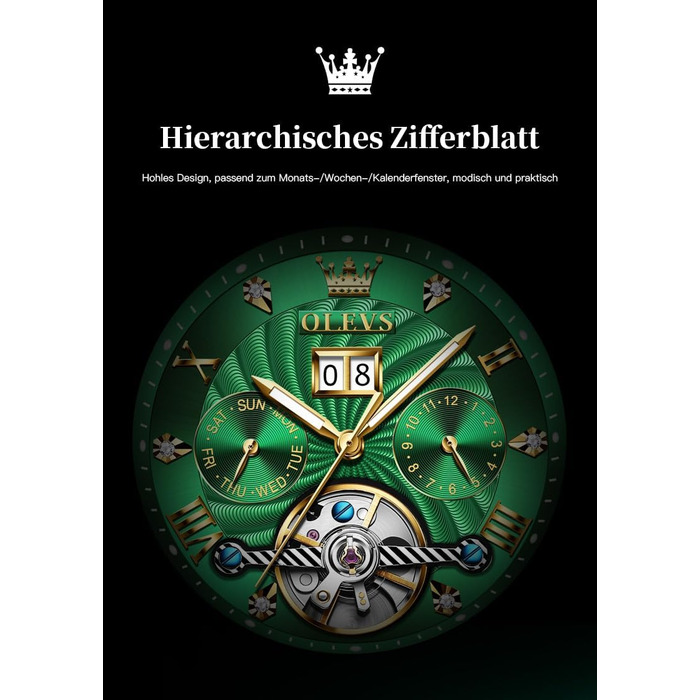 Чоловічий скелетон-годинник OLEVS 9910: кварцовий спортивний годинник з водовідштовхувальним корпусом, сталевий браслет (золото-срібло) та зелений циферблат