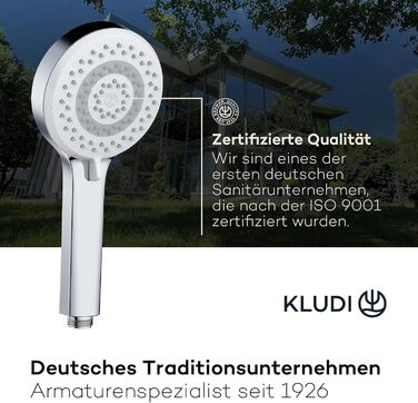 KLUDI-X1 Universal Showerhead with Hose, optional showerhead for water-saving use with 3 spray patterns (Body, Hair, Skin), easy-to-clean showerhead Ø 10.7 cm, shower hose 1.60 m (Chrome, 3 spray patterns)