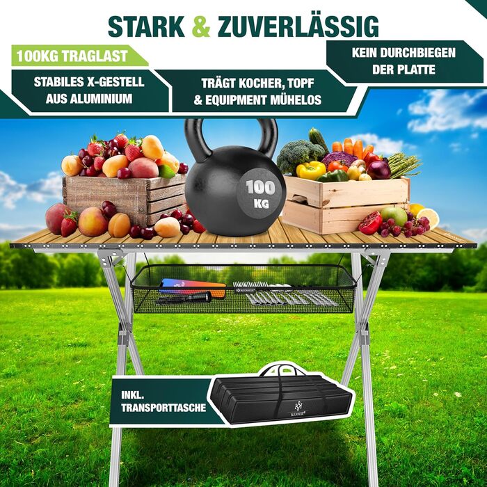 Складний кемпінговий стіл KESSER® 120x70 см з алюмінієвим каркасом та стільницею під дерево, до 100 кг, з сумкою для транспортування