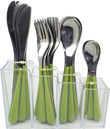 EXZACT Cutlery Set with Stand / 24 PCS Stainless Steel Cutlery Set in a Plastic Holder - Colored Handles - 6 x Forks, 6 x Knives, 6 x Spoons, 6 x Teaspoons - Green (EX153 x 24)