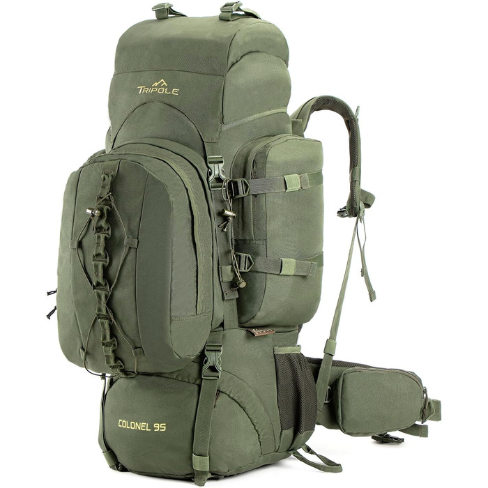Tripole Rucksack from the Colonel Series with Internal Frame - Featuring Detachable Daypack and Rain Cover (95 Liters, Green (Army Green))