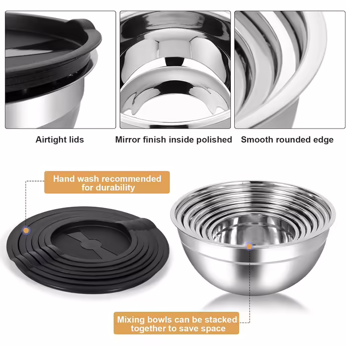 Stainless Steel Bowl Set, 7-Piece, Stainless Steel Mixing Bowls, Salad Bowls, Kitchen Bowls with Lids, Multifunctional Bowls, Nesting