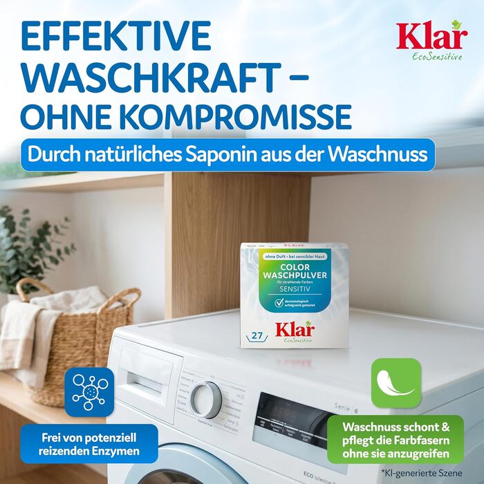 Пральний порошок для кольорових речей Klar EcoSensitive SENSITIV, гіпоалергенний, без ароматизаторів, 4.75 кг (набір 2 шт по 2.375 кг)