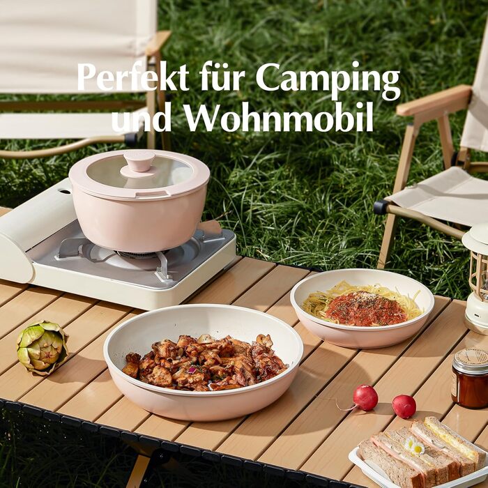 Redchef Ceramic Cookware Set with Detachable Handle, RV Cookware Set for Camping, Ceramic Non-Toxic Pot and Pan Set, PTFE-free, PFAS-free, PFOA-free, Space-Saving, Dishwasher-Safe (5-Piece Pink)
