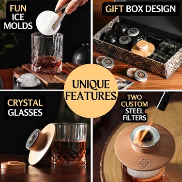 Whiskey Smoker Kit - Cocktail Smoker Kit with Torch, 2 Whiskey Glasses, 2 Ice Ball Makers, 6 Flavors of Wood Chips - Old Fashioned Smoker Bourbon Drink Smoking Set - Bourbon Gifts for