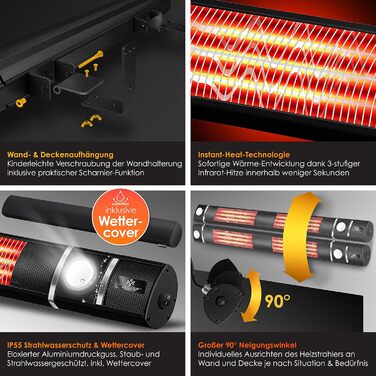 Інфрачервовий обігрівач KESSER® 3000W з LED-підсвічуванням та Wi-Fi, для тераси, кафе, бару, з пультом керування та захисним чохлом. Настінний кварцовий обігрівач (Чорний)