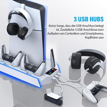 Підставка для PS5 Slim/Pro з зарядною станцією для контролера, RGB підсвічуванням, вентилятором, тримачем для навушників та USB хабом (чорний/білий)