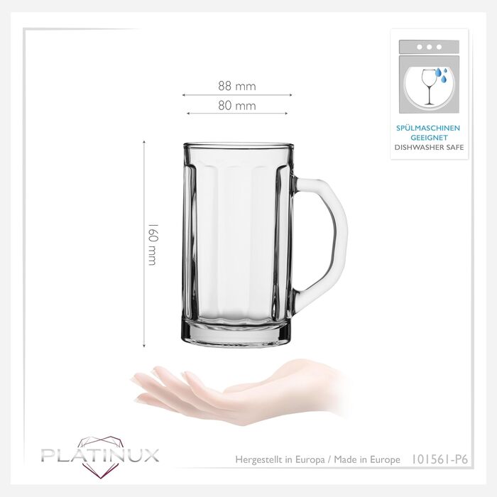 Набір скляних пивних кухлів PLATINUX Bierseidel з ручкою 6 шт. 300 мл (макс. 350 мл) для пива, прозорі, 0.3 л