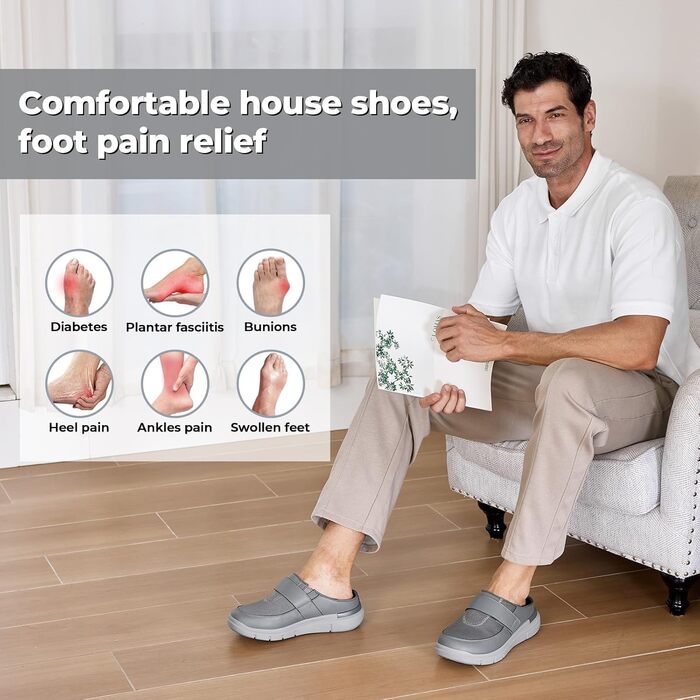 Домашні тапочки чоловічі FitVille для літніх людей та з широкою стопою, сліпони на липучці, розмір 41-50 (43 EU, сірий)