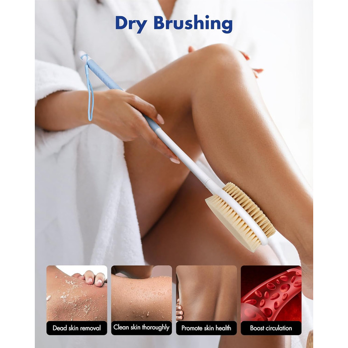 Щітка для душу з ручкою: скрабер для тіла з жорстким та м'яким ворсом, 46 см (блакитна)