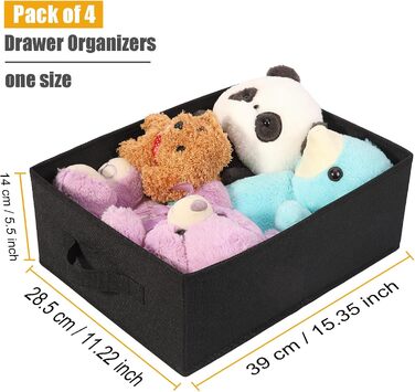 OVAKIA Folding Storage Boxes Fabric, Closet Drawer Organizer Storage System for Wardrobe Clothes, Underwear, etc., 4-Piece Set, Beige (Black)