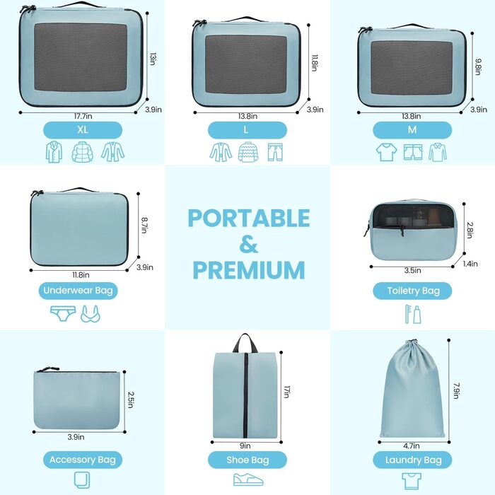 Органайзери для валізи Prezon (8 шт., блакитно-зелені) - набір кубиків для пакування багажу