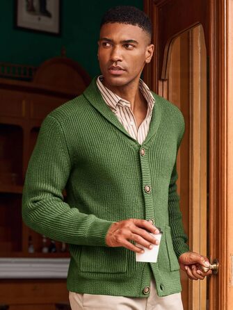 Чоловічий в'язаний кардиган Runcati з коміром-шарфом, візерунок коси, ґудзикова застібка, зимовий, великий, з кишенями (M, Оливковий (Army Green))