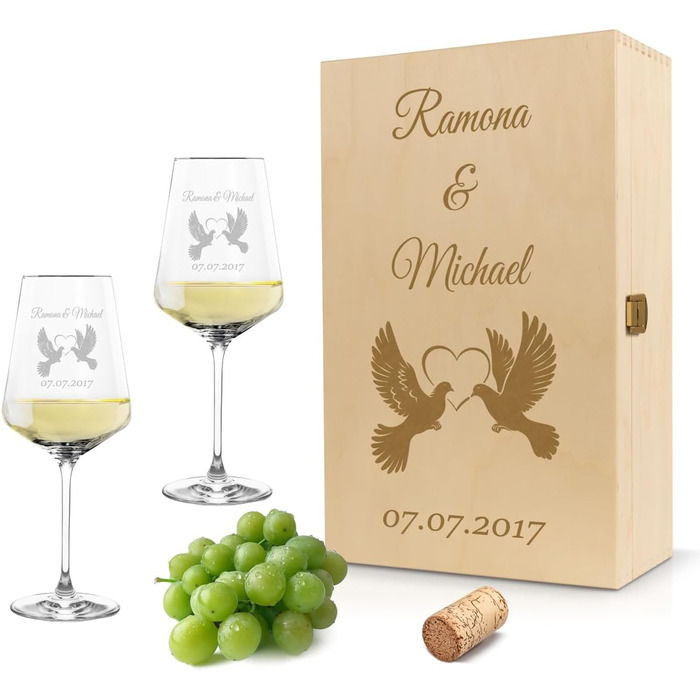 Leonardo Wine Glasses Set of 2 with Wooden Box and Engraving for Him & Her with Love Doves. Only love counts. Personalized with name & date. Leonardo Puccini 560ml
