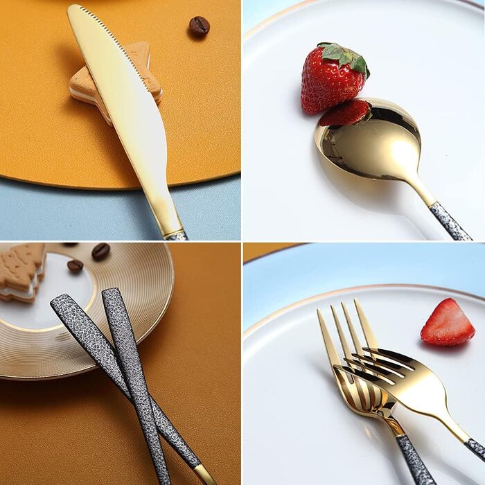 Набір столових приборів 24 предмети з золотими ручками та чорним мармуровим покриттям, нержавіюча сталь, ніж з титановим покриттям, для 6 осіб