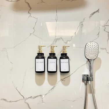 Набір дозаторів для мила та шампуню на стіну, 500 мл, 3 шт., без свердління, янтарний колір (чорна пляшка + золотий насос)