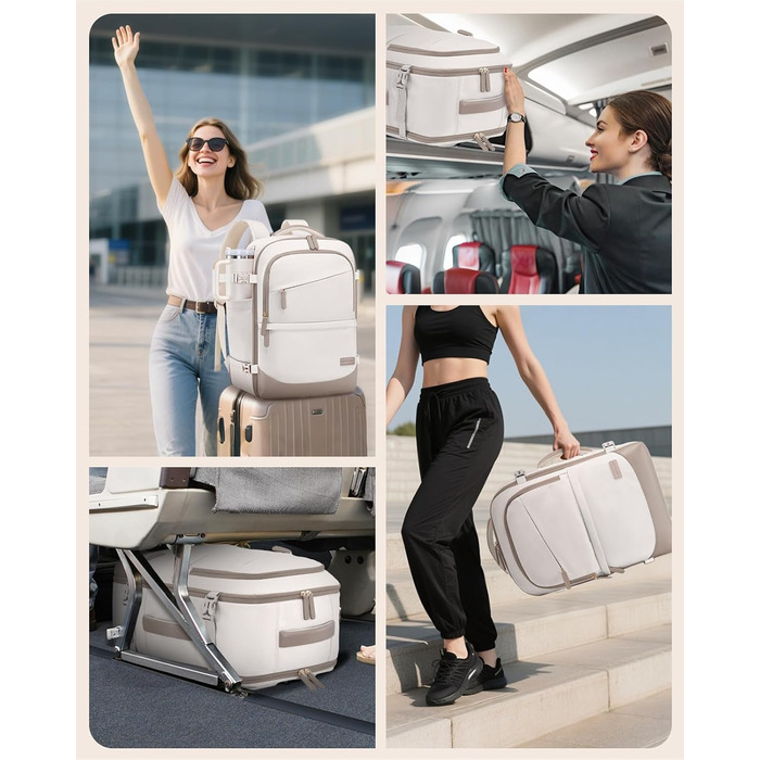 LOVEVOOK Рюкзак для ручної поклажі 40л, для подорожей, з відділенням для ноутбука 17.3 дюймів, з вологостійким відділенням, 45x36x20 см, бежевий/хакі