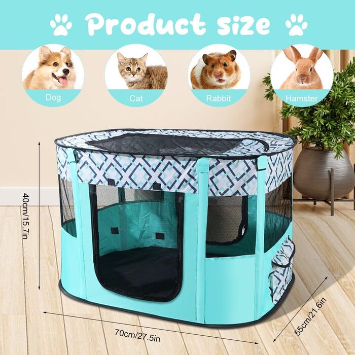 Клітка-забіг для цуценят та собак, складана, 70x55x40 см, зелена в клітинку